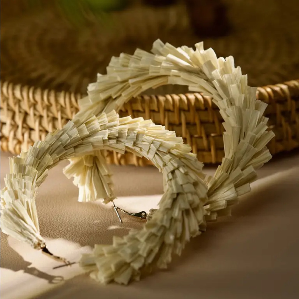 Tan Raffia Large Hoop Earrings